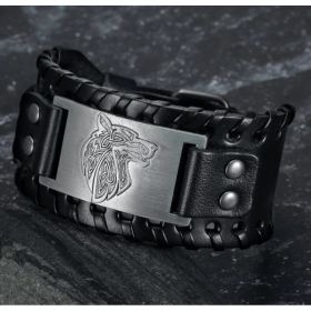 Asgard Crafted Leather Buckle Arm Cuff With Fenrir Design (Option: Silver Black)