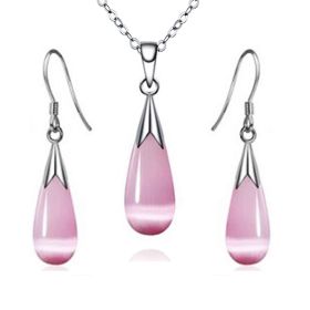 Emma Manor 14k White Gold Plated Water Drop Moonstone Women Jewelry Set --Pendant Necklace And Earrings (Option: Pink)