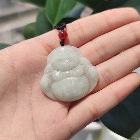 Natural Grade A Jadeite Laughing Buddha Pendant Necklace,Hand-Carved Amulet For Good Luck & Happiness (Option: White)