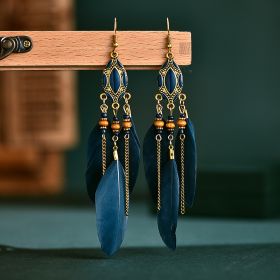 Creative Retro Tassel Feather Earrings Women's Long Oil Dripping (Option: Green)