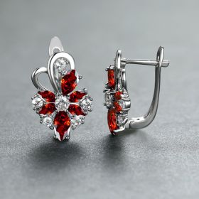 Rose Ring Colorful Flower Drop-shaped Zircon Earrings (Option: Platinum Red Diamond)