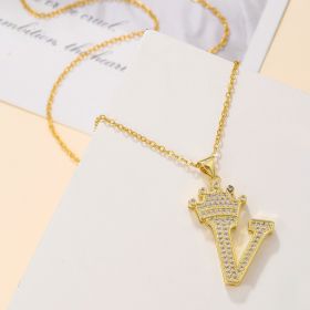 1PCS Fashionable Gold Diamond Crown Uppercase Letter Popular Pendant Necklace Suitable For Daily Use Festivals Parties Gifts Jewelry Set (Option: Gold-V)