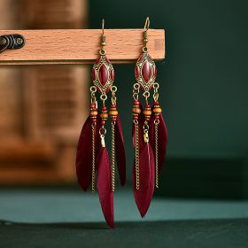 Creative Retro Tassel Feather Earrings Women's Long Oil Dripping (Option: Red)