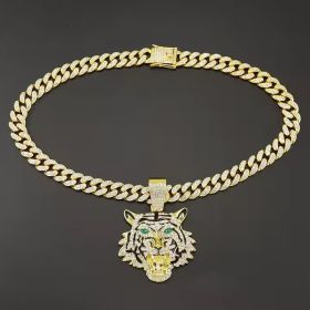 13mm Width Football Pendant Necklace,Hip Hop Green Eyes Tiger Head Pendant Necklace 3D Diamond Gold Zinc Alloy Stainless Steel Religious Zircon (Option: Gold)