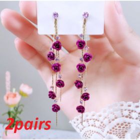 Flower Long Earrings Wild Red Rose Flower Long Rhinestone Tassel Earrings Earrings (Option: Purple Rose-2 pair)