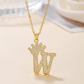 1PCS Fashionable Gold Diamond Crown Uppercase Letter Popular Pendant Necklace Suitable For Daily Use Festivals Parties Gifts Jewelry Set (Option: Gold-W)