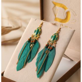 Creative Retro Tassel Feather Earrings Women's Long Oil Dripping (Option: DC154713 Green)