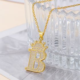 1PCS Fashionable Gold Diamond Crown Uppercase Letter Popular Pendant Necklace Suitable For Daily Use Festivals Parties Gifts Jewelry Set (Option: Gold-B)