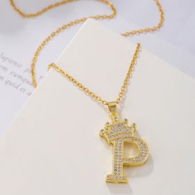 1PCS Fashionable Gold Diamond Crown Uppercase Letter Popular Pendant Necklace Suitable For Daily Use Festivals Parties Gifts Jewelry Set (Option: Gold-P)
