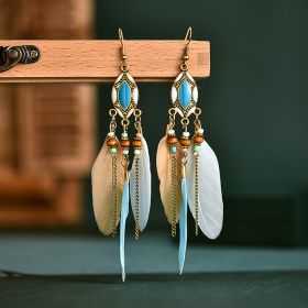 Creative Retro Tassel Feather Earrings Women's Long Oil Dripping (Option: White)