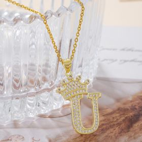 1PCS Fashionable Gold Diamond Crown Uppercase Letter Popular Pendant Necklace Suitable For Daily Use Festivals Parties Gifts Jewelry Set (Option: Gold-U)